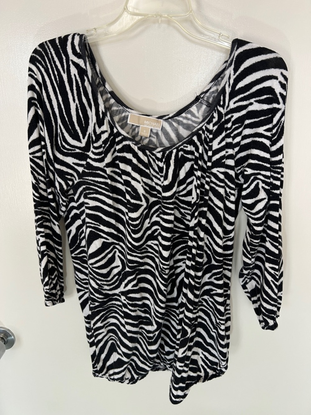 MICHAEL Michael Kors Black and White Zebra-Print Scoop Neck Top, ruched sleeves